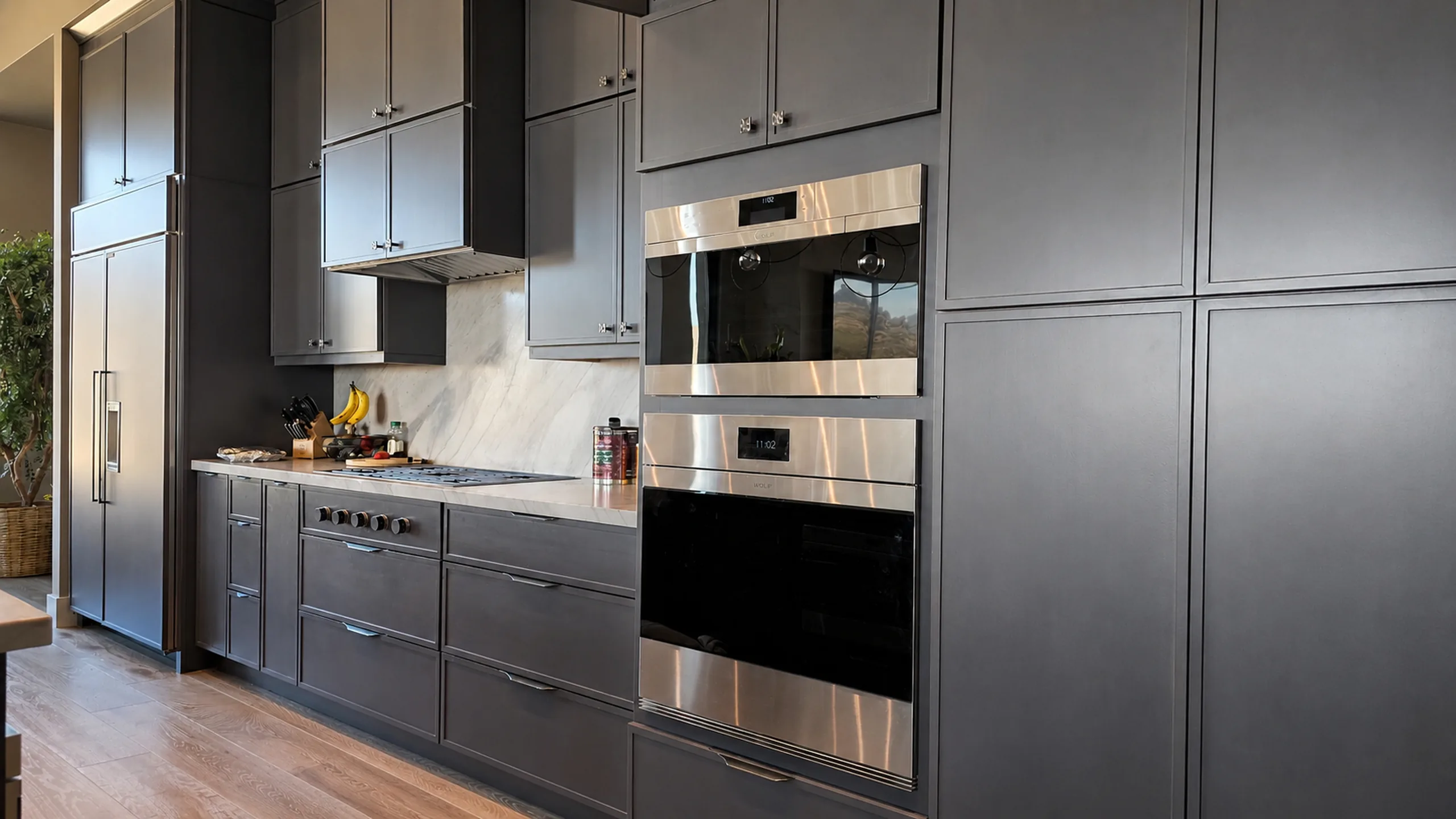 Modern kitchen featuring sleek gray cabinetry, stainless steel appliances, and a marble backsplash, showcasing renovation design.