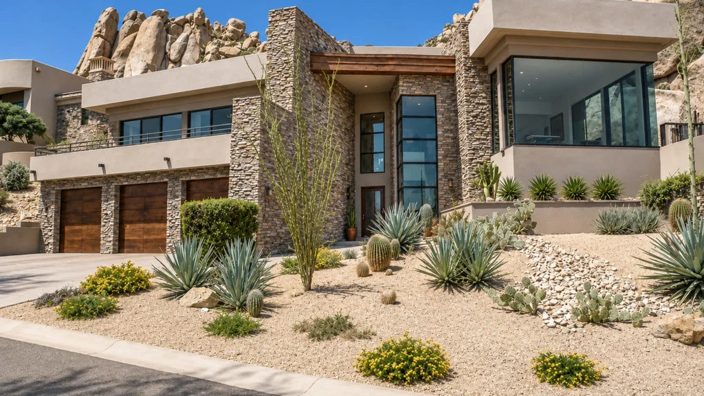 Modern desert home featuring stone accents, large windows, and landscaped yard with cacti and native plants.
