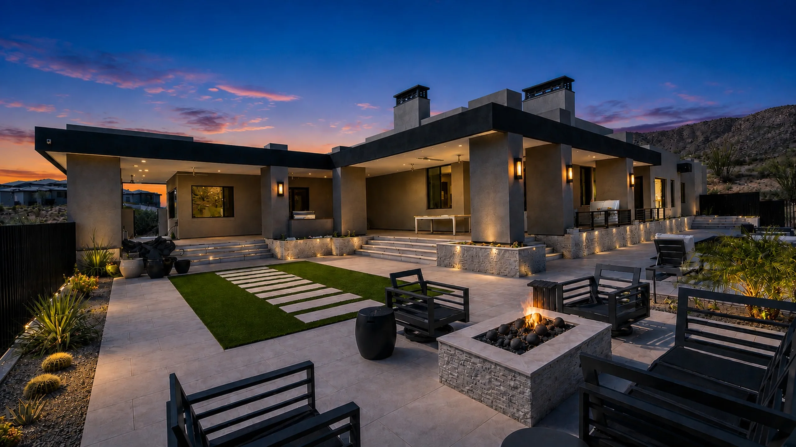 Modern luxury home exterior featuring a spacious patio, fire pit, and landscaped garden at sunset.