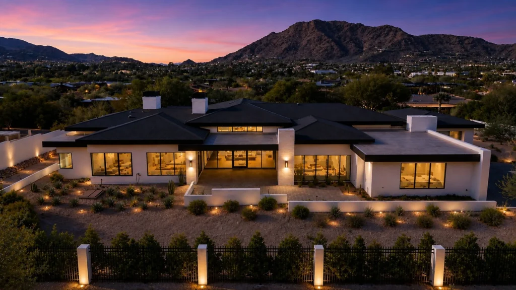 Modern Scottsdale home at dusk, showcasing sleek architecture and mountain views, ideal for contact inquiries.