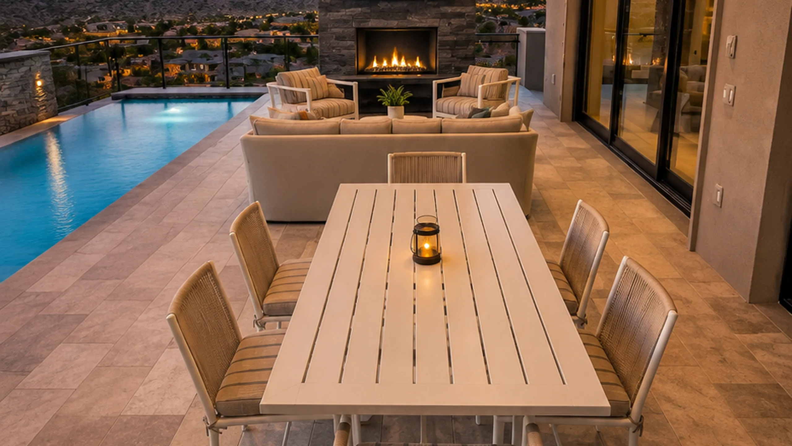 Elegant outdoor dining area featuring a table, chairs, and a cozy fireplace, overlooking a luxurious pool and scenic view.