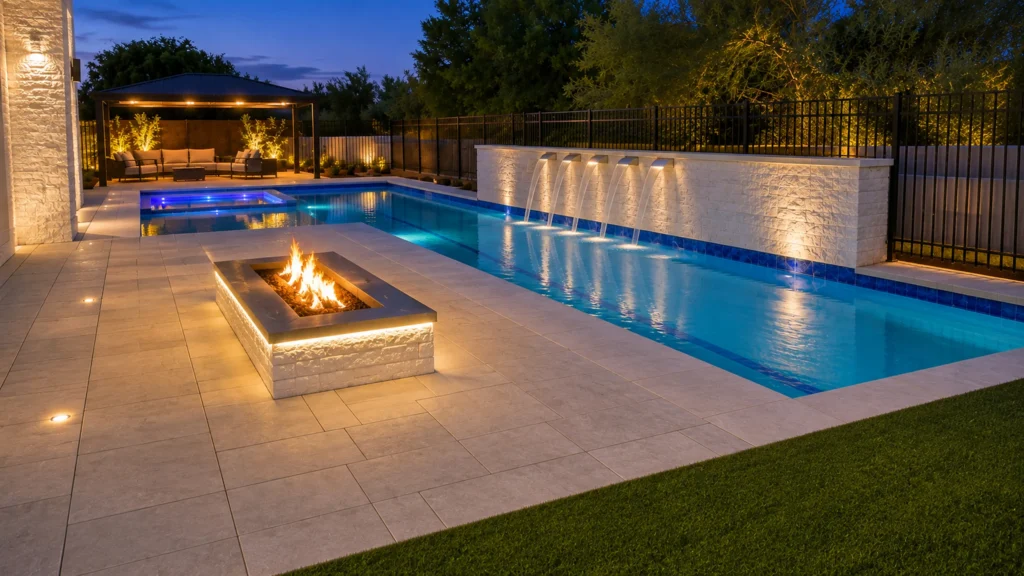 Elegant backyard oasis featuring a pool, fire pit, and cozy seating area, illuminated for evening relaxation.