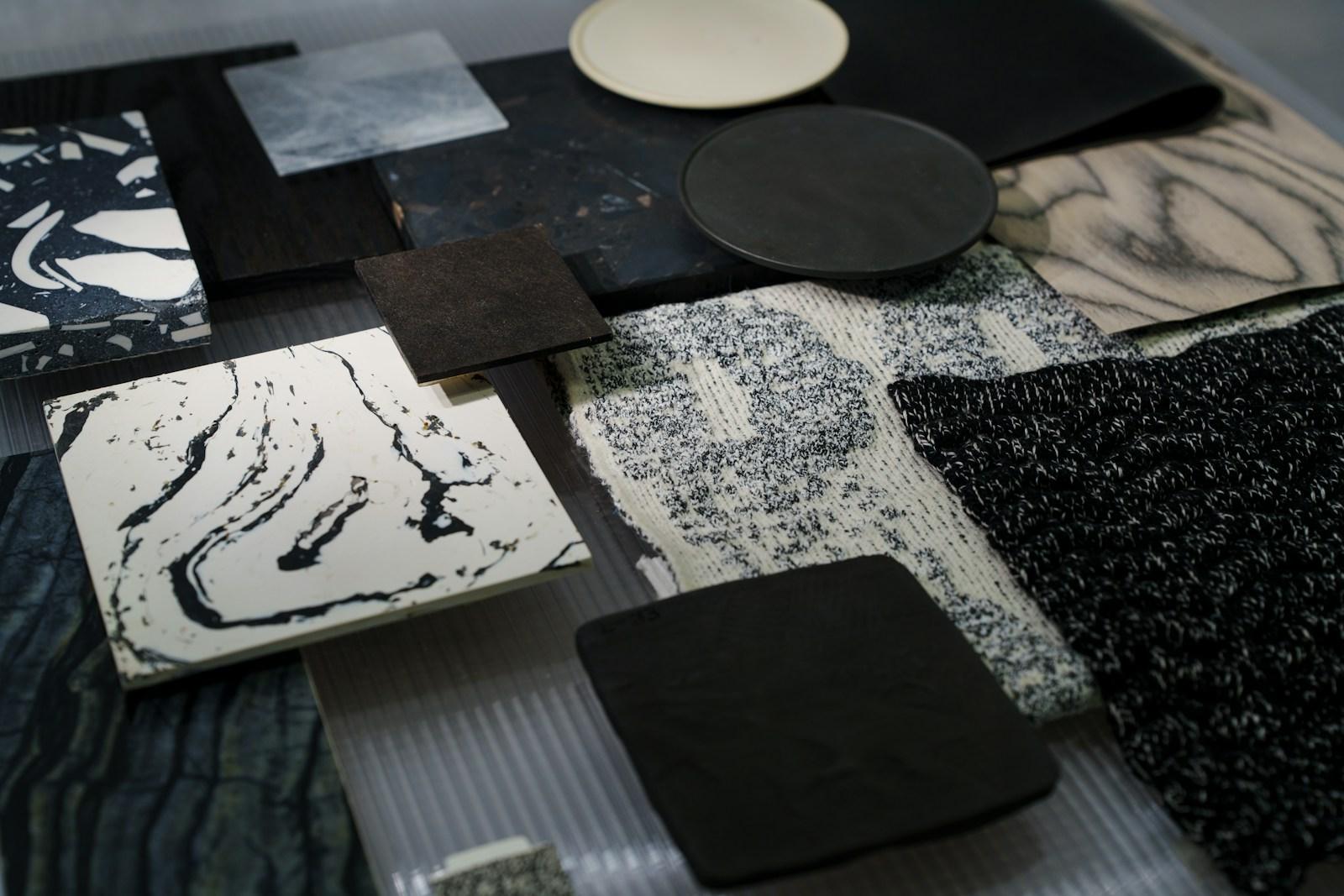 Architectural material samples used to establish finish standards on a luxury custom home